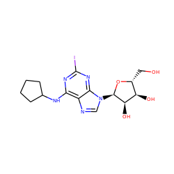 OC[C@H]1O[C@H](n2cnc3c(NC4CCCC4)nc(I)nc32)[C@H](O)[C@@H]1O ZINC000049015798