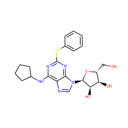 OC[C@H]1O[C@H](n2cnc3c(NC4CCCC4)nc(Sc4ccccc4)nc32)[C@H](O)[C@@H]1O ZINC000048999280