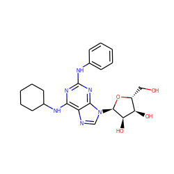 OC[C@H]1O[C@H](n2cnc3c(NC4CCCCC4)nc(Nc4ccccc4)nc32)[C@H](O)[C@@H]1O ZINC000048998823