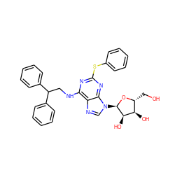 OC[C@H]1O[C@H](n2cnc3c(NCC(c4ccccc4)c4ccccc4)nc(Sc4ccccc4)nc32)[C@H](O)[C@@H]1O ZINC000049767165