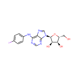 OC[C@H]1O[C@H](n2cnc3c(Nc4ccc(I)cc4)ncnc32)[C@H](O)[C@@H]1O ZINC000038843465