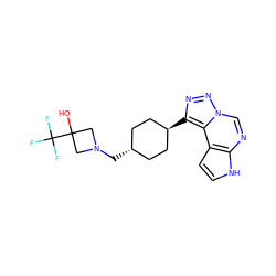 OC1(C(F)(F)F)CN(C[C@H]2CC[C@H](c3nnn4cnc5[nH]ccc5c34)CC2)C1 ZINC001772617935