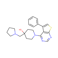 OC1(CN2CCCC2)CCN(c2ncnc3scc(-c4ccccc4)c23)CC1 ZINC000223013496