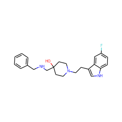 OC1(CNCc2ccccc2)CCN(CCc2c[nH]c3ccc(F)cc23)CC1 ZINC000013743418