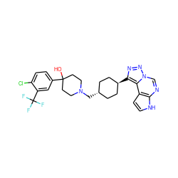 OC1(c2ccc(Cl)c(C(F)(F)F)c2)CCN(C[C@H]2CC[C@H](c3nnn4cnc5[nH]ccc5c34)CC2)CC1 ZINC001772641359