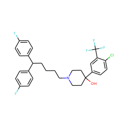 OC1(c2ccc(Cl)c(C(F)(F)F)c2)CCN(CCCCC(c2ccc(F)cc2)c2ccc(F)cc2)CC1 ZINC000066252750