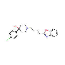 OC1(c2ccc(Cl)cc2)CCN(CCCCc2nc3ccccc3o2)CC1 ZINC000653895013