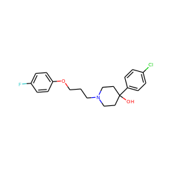 OC1(c2ccc(Cl)cc2)CCN(CCCOc2ccc(F)cc2)CC1 ZINC000073224909