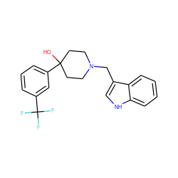 OC1(c2cccc(C(F)(F)F)c2)CCN(Cc2c[nH]c3ccccc23)CC1 ZINC000028878299