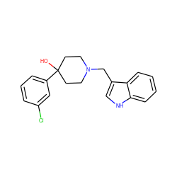 OC1(c2cccc(Cl)c2)CCN(Cc2c[nH]c3ccccc23)CC1 ZINC000028878276