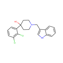 OC1(c2cccc(Cl)c2Cl)CCN(Cc2c[nH]c3ccccc23)CC1 ZINC000028878265