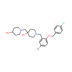 OC1CCN(CC2(O)CCN(Cc3cc(Br)ccc3OCc3ccc(Cl)cc3)CC2)CC1 ZINC000028822126