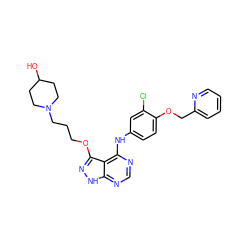 OC1CCN(CCCOc2n[nH]c3ncnc(Nc4ccc(OCc5ccccn5)c(Cl)c4)c23)CC1 ZINC000029128599