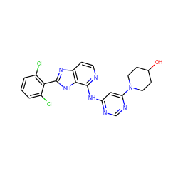 OC1CCN(c2cc(Nc3nccc4nc(-c5c(Cl)cccc5Cl)[nH]c34)ncn2)CC1 ZINC000118748751