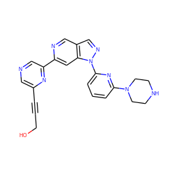 OCC#Cc1cncc(-c2cc3c(cn2)cnn3-c2cccc(N3CCNCC3)n2)n1 ZINC000224864993