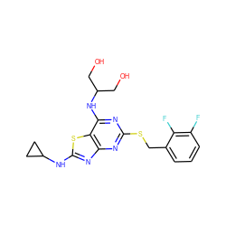 OCC(CO)Nc1nc(SCc2cccc(F)c2F)nc2nc(NC3CC3)sc12 ZINC000028820771