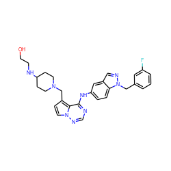 OCCNC1CCN(Cc2ccn3ncnc(Nc4ccc5c(cnn5Cc5cccc(F)c5)c4)c23)CC1 ZINC000096318751