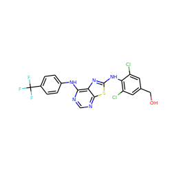 OCc1cc(Cl)c(Nc2nc3c(Nc4ccc(C(F)(F)F)cc4)ncnc3s2)c(Cl)c1 ZINC000040392922