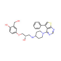 OCc1cc(OC[C@@H](O)CNC2CCN(c3ncnc4scc(-c5ccccc5)c34)CC2)ccc1O ZINC000043197309