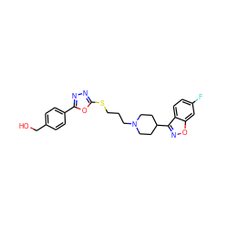 OCc1ccc(-c2nnc(SCCCN3CCC(c4noc5cc(F)ccc45)CC3)o2)cc1 ZINC000219888269