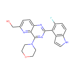 OCc1ccc2nc(-c3c(F)ccc4[nH]ccc34)nc(N3CCOCC3)c2n1 ZINC000095578910