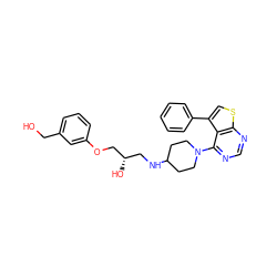 OCc1cccc(OC[C@@H](O)CNC2CCN(c3ncnc4scc(-c5ccccc5)c34)CC2)c1 ZINC000064539807