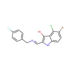 Oc1c(/C=N/Cc2ccc(F)cc2)[nH]c2ccc(Br)c(Cl)c12 ZINC000101902976