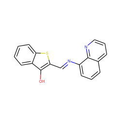 Oc1c(/C=N/c2cccc3cccnc23)sc2ccccc12 ZINC000101699040