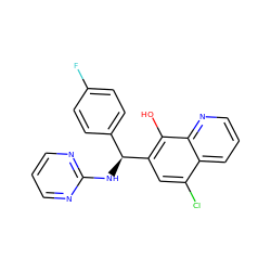 Oc1c([C@@H](Nc2ncccn2)c2ccc(F)cc2)cc(Cl)c2cccnc12 ZINC001772613084