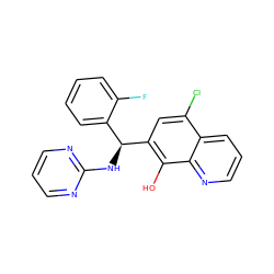 Oc1c([C@@H](Nc2ncccn2)c2ccccc2F)cc(Cl)c2cccnc12 ZINC001772580691