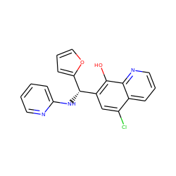 Oc1c([C@H](Nc2ccccn2)c2ccco2)cc(Cl)c2cccnc12 ZINC000005077645