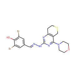 Oc1c(Br)cc(/C=N/Nc2nc3c(c(N4CCOCC4)n2)CSCC3)cc1Br ZINC000299826942