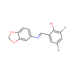 Oc1c(Br)cc(Br)cc1/C=N/c1ccc2c(c1)OCO2 ZINC000013123296