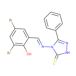 Oc1c(Br)cc(Br)cc1/C=N/n1c(-c2ccccc2)n[nH]c1=S ZINC000001880103