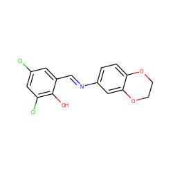 Oc1c(Cl)cc(Cl)cc1/C=N/c1ccc2c(c1)OCCO2 ZINC000100024603