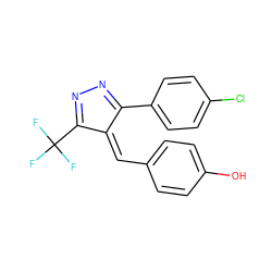 Oc1ccc(/C=C2\C(c3ccc(Cl)cc3)=NN=C2C(F)(F)F)cc1 ZINC000084616538