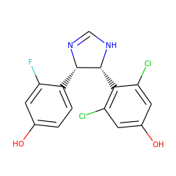 Oc1ccc([C@@H]2N=CN[C@@H]2c2c(Cl)cc(O)cc2Cl)c(F)c1 ZINC000013475120