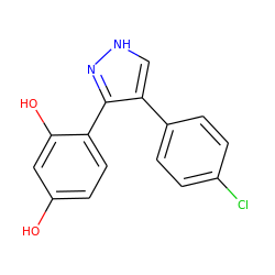 Oc1ccc(-c2n[nH]cc2-c2ccc(Cl)cc2)c(O)c1 ZINC000018067320