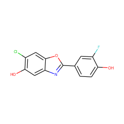 Oc1ccc(-c2nc3cc(O)c(Cl)cc3o2)cc1F ZINC000013583632