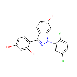 Oc1ccc(-c2nn(-c3cc(Cl)ccc3Cl)c3cc(O)ccc23)c(O)c1 ZINC000013586330