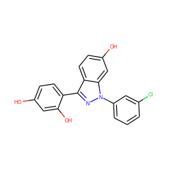 Oc1ccc(-c2nn(-c3cccc(Cl)c3)c3cc(O)ccc23)c(O)c1 ZINC000003948709