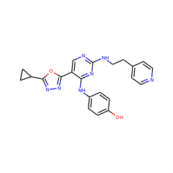 Oc1ccc(Nc2nc(NCCc3ccncc3)ncc2-c2nnc(C3CC3)o2)cc1 ZINC000045496234