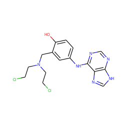 Oc1ccc(Nc2ncnc3[nH]cnc23)cc1CN(CCCl)CCCl ZINC000066252144