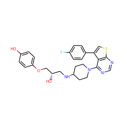 Oc1ccc(OC[C@@H](O)CNC2CCN(c3ncnc4scc(-c5ccc(F)cc5)c34)CC2)cc1 ZINC000064541050