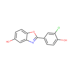 Oc1ccc2oc(-c3ccc(O)c(Cl)c3)nc2c1 ZINC000013583621