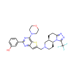 Oc1cccc(-c2nc(N3CCOCC3)c3sc(CN4CC[C@H]5[C@H](CCc6nnc(C(F)(F)F)n65)C4)cc3n2)c1 ZINC001772639463