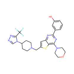 Oc1cccc(-c2nc(N3CCOCC3)c3sc(CN4CCC(n5cnnc5C(F)(F)F)CC4)cc3n2)c1 ZINC001772627676