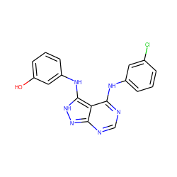 Oc1cccc(Nc2[nH]nc3ncnc(Nc4cccc(Cl)c4)c23)c1 ZINC000003815082