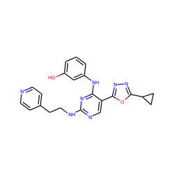 Oc1cccc(Nc2nc(NCCc3ccncc3)ncc2-c2nnc(C3CC3)o2)c1 ZINC000045496421