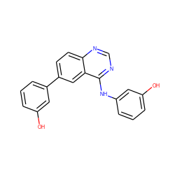 Oc1cccc(Nc2ncnc3ccc(-c4cccc(O)c4)cc23)c1 ZINC000143159517